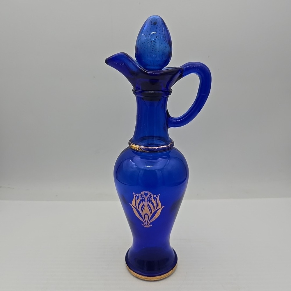 Vintage 70s Avon Cobalt Blue Gold Glass Genie Bottle Cruet Pitcher 9"H